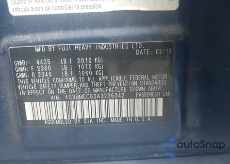 2010 Subaru Legacy 2.5I Premium z USA, uszkodzony, nr VIN 4S3BMCC62A3236342